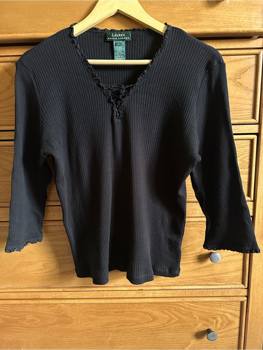 Lauren Ralph Lauren Black Ribbed 3/4 Sleeve Tee Tie Front Cottagecore Prairie L